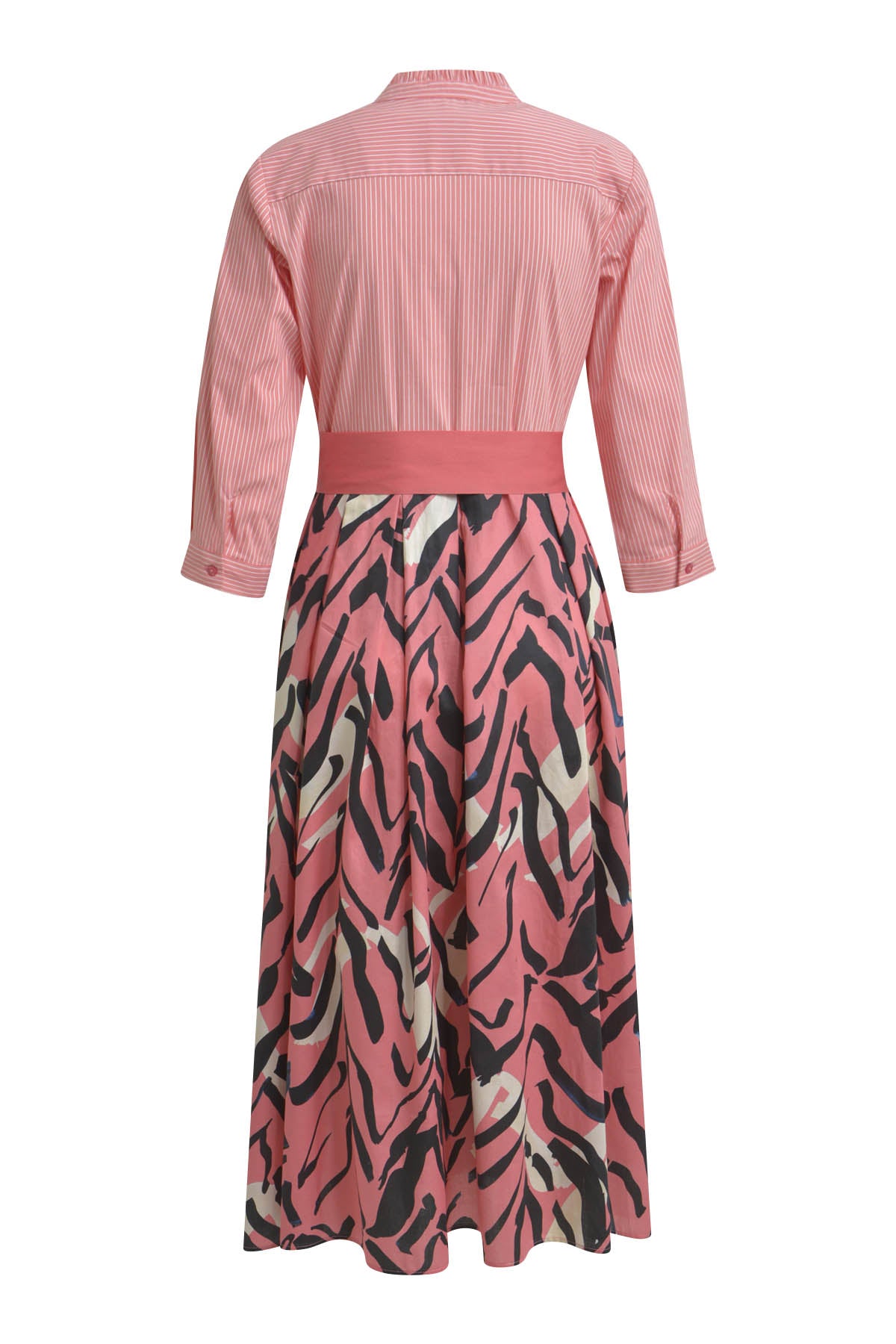 Dress w frill collar, placket, 3/4 sleeve, wde skirt