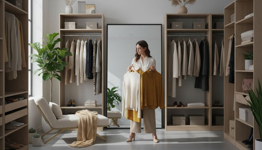 Frau vor Spiegel wählt Kleidung bewusst aus