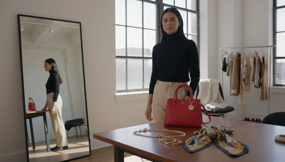 Frau kombiniert stilvoll Modeaccessoires in modernem Loft