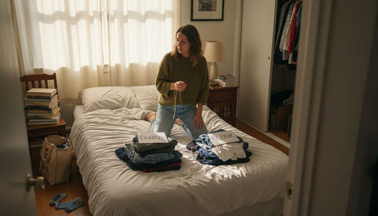 Woman sorts clothes for sustainable fashion