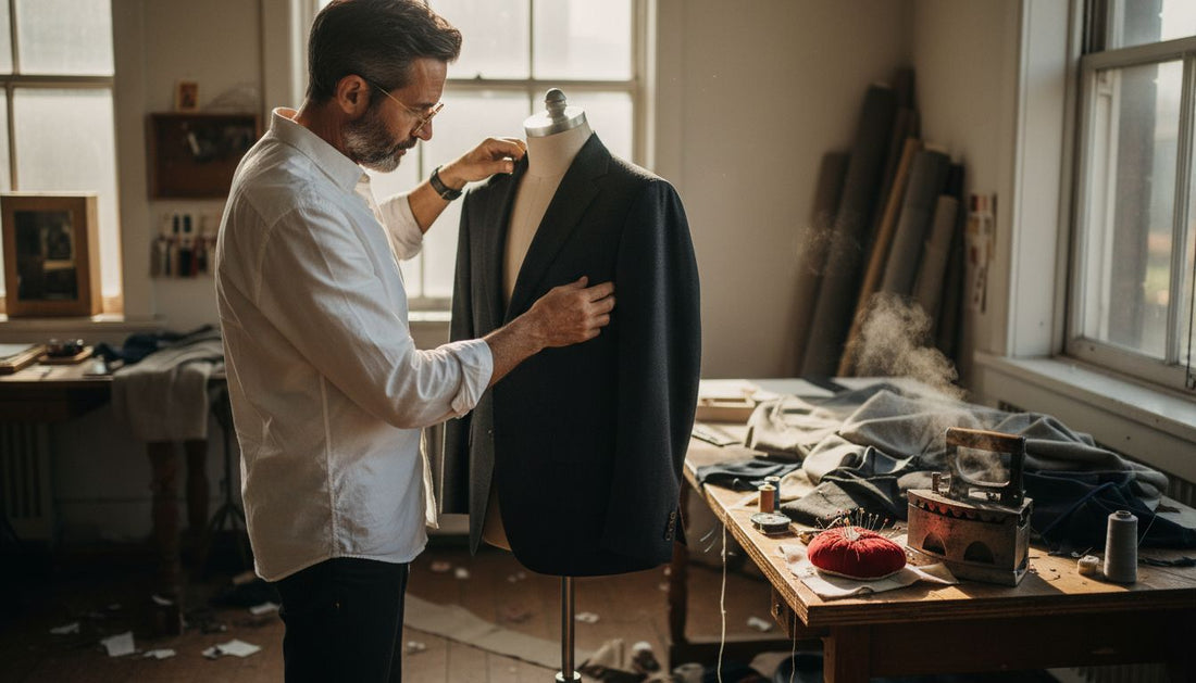 Tailor inspecting blazer in bright studio