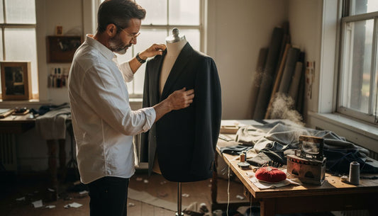 Tailor inspecting blazer in bright studio