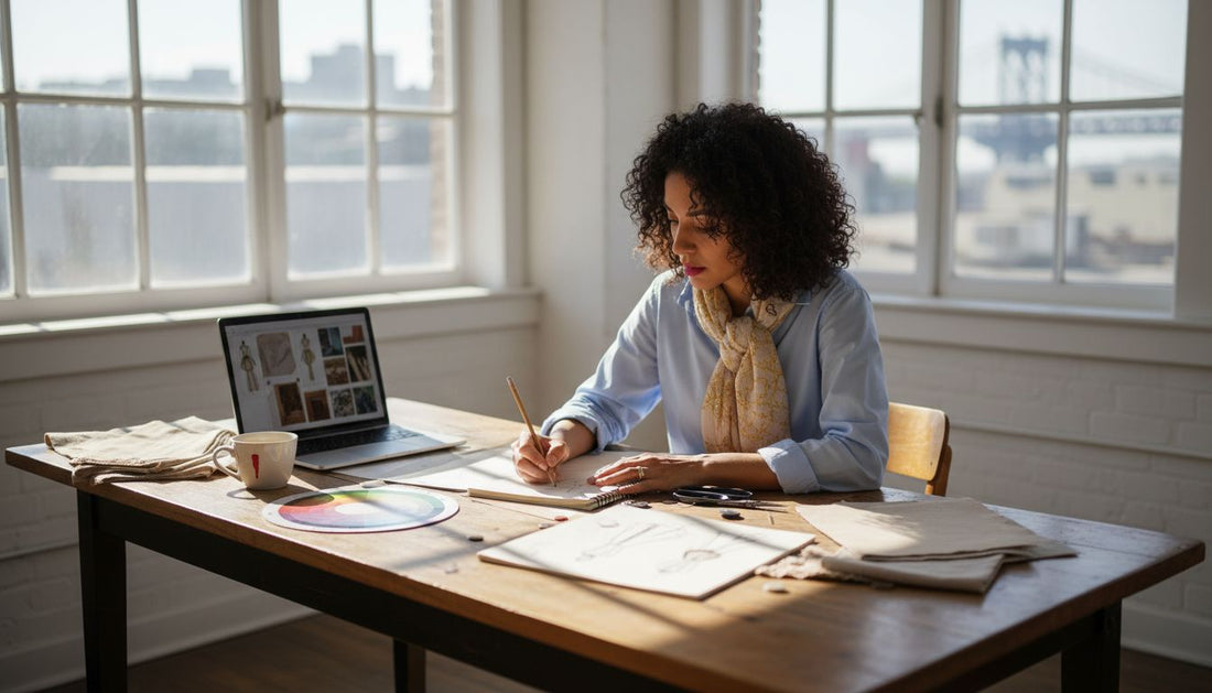 Fashion forecaster sketching in sunlit office