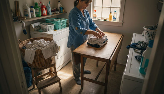 Woman folding clothes in bright laundry room
