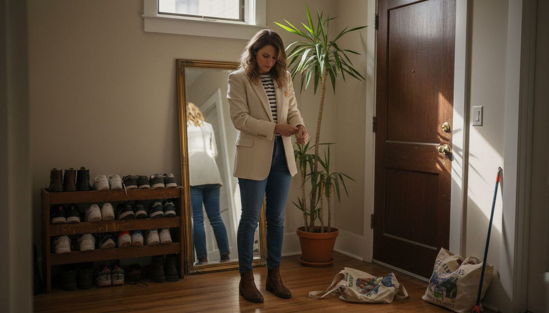 Frau in alltäglichem, stilvollem Outfit im Flur