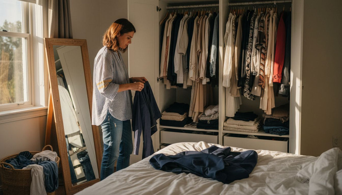 Woman choosing outfits in sunlit bedroom