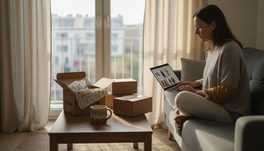 Eine Frau stöbert entspannt vom Sofa aus durch einen Online-Mode-Shop.
