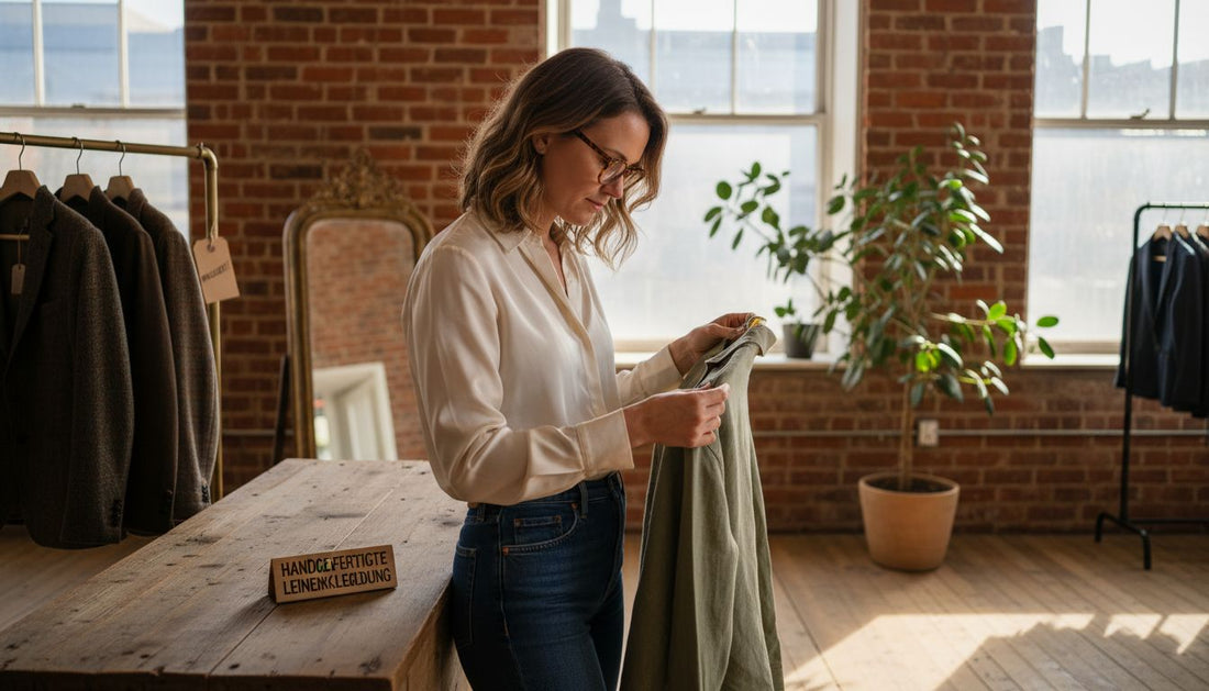 Eine Frau begutachtet in einer Boutique sorgfältig die Nähte eines Hemdes.