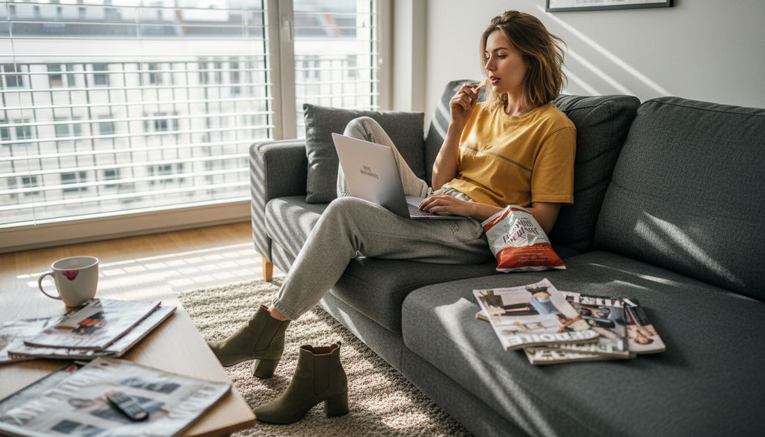 Eine Frau stöbert gemütlich vom Sofa aus durch Online-Shops auf der Suche nach neuer Mode.