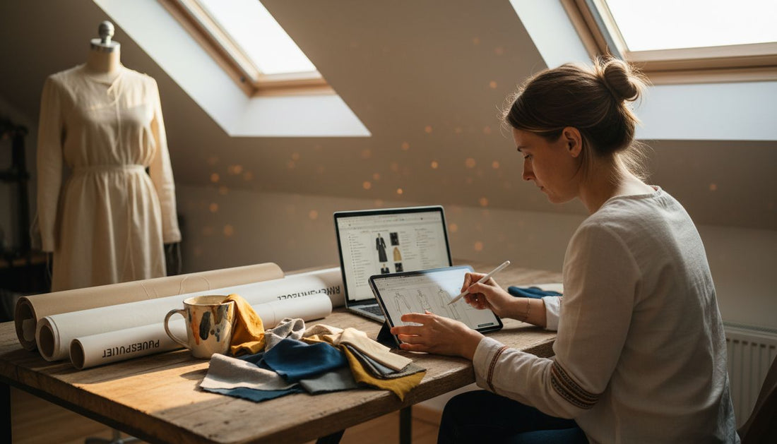 In ihrem gemütlichen Atelier unterm Dach entwirft eine Modedesignerin digitale Modekreationen.