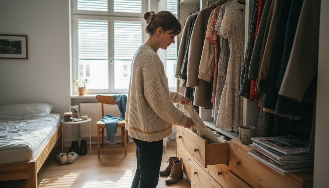 Eine Frau sortiert ihre Kleidung im Kleiderschrank nach Jahreszeiten und schafft so Ordnung für die kommende Saison.