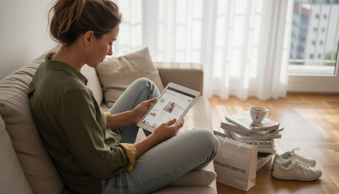 Eine Frau stöbert gemütlich in ihrer Wohnung durch verschiedene Outfits in Online-Shops.