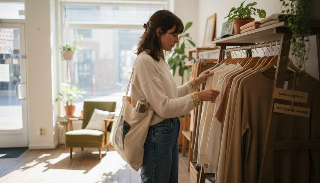 Eine Frau stöbert in einem Geschäft nach nachhaltiger Mode.