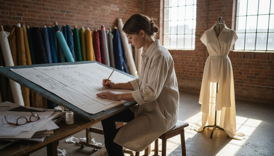 Im Atelier entwirft eine Modedesignerin ihre neue Kollektion und bringt erste Skizzen zu Papier.