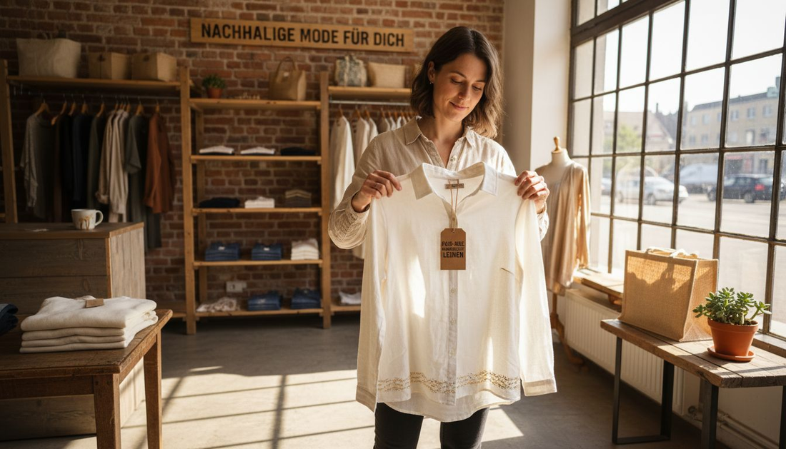 Eine Frau stöbert in einer Boutique und entdeckt nachhaltige Mode.