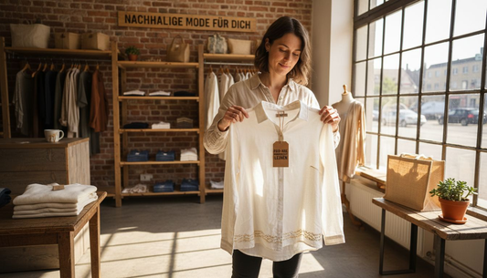 Eine Frau stöbert in einer Boutique und entdeckt nachhaltige Mode.