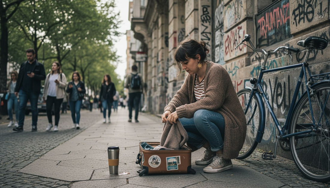 In einer belebten Innenstadt steht eine junge Frau vor einer Boutique und überlegt, welches Outfit sie heute tragen möchte.