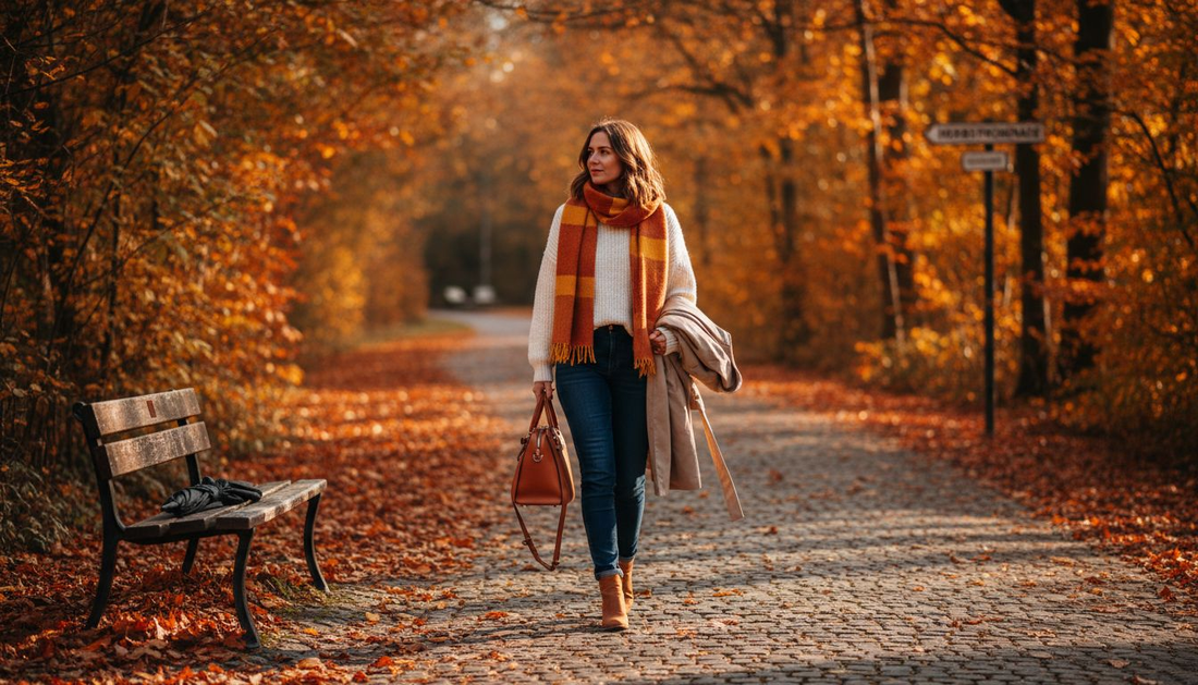 Eine Frau spaziert im herbstlichen Look mit kuscheligem Strickpullover und angesagten Boots durch die Stadt.