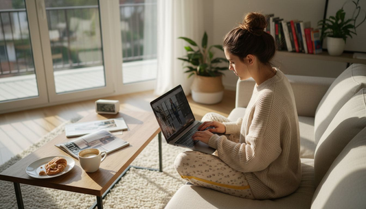 Eine Modebloggerin sitzt entspannt auf dem Sofa und bearbeitet ihre Fotos.