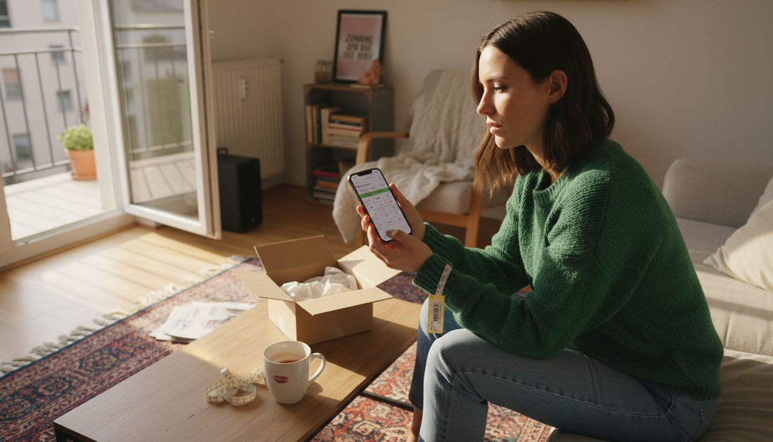 Eine Frau informiert sich bequem von zu Hause aus online über die passende Kleidergröße.