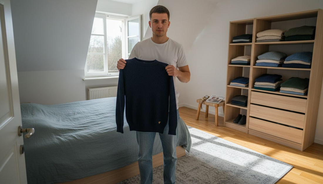 Ein Mann begutachtet einen Pullover vor seinem kleinen Kleiderschrank.