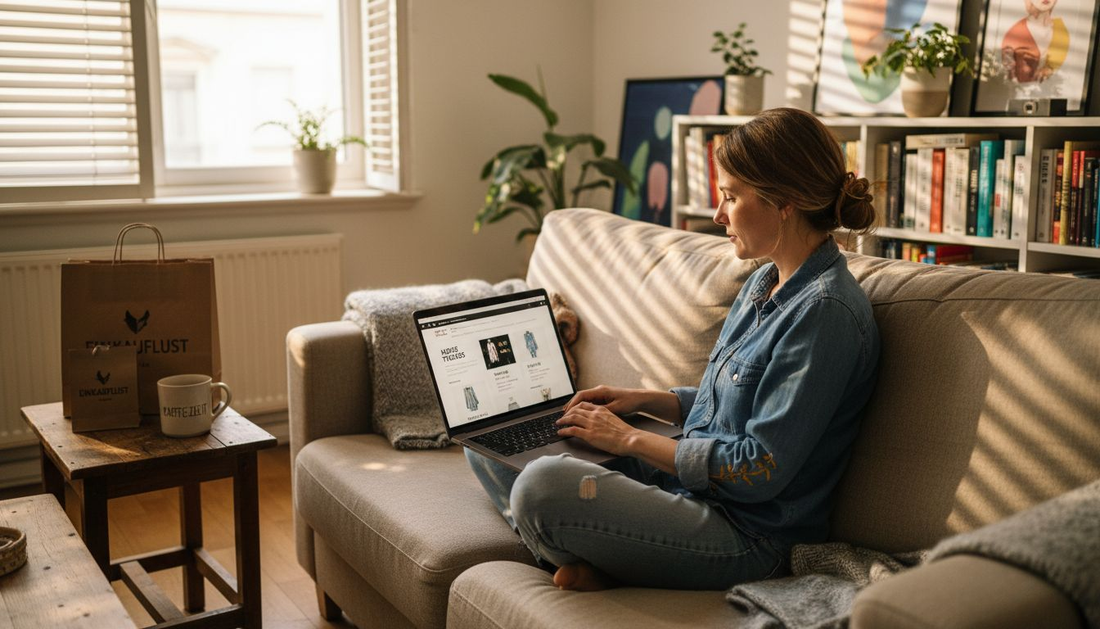 Eine Frau stöbert gemütlich von zuhause aus nach neuer Mode in Online-Shops.