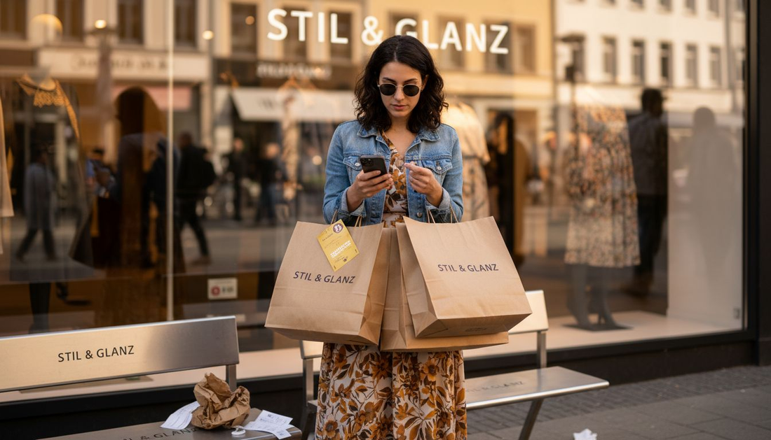 Eine Frau steht mit Einkaufstaschen vor einem Modegeschäft.