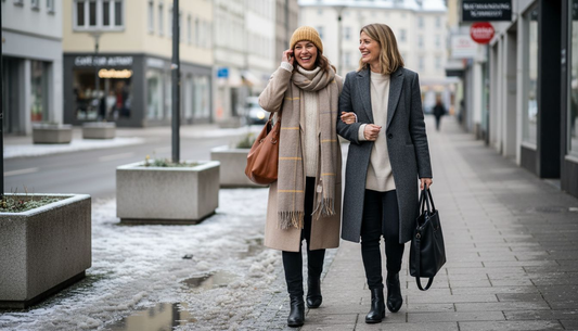 Modisch gekleidete Frauen präsentieren angesagte Winter-Looks mit raffinierten Layering-Outfits auf der belebten Stadtstraße.