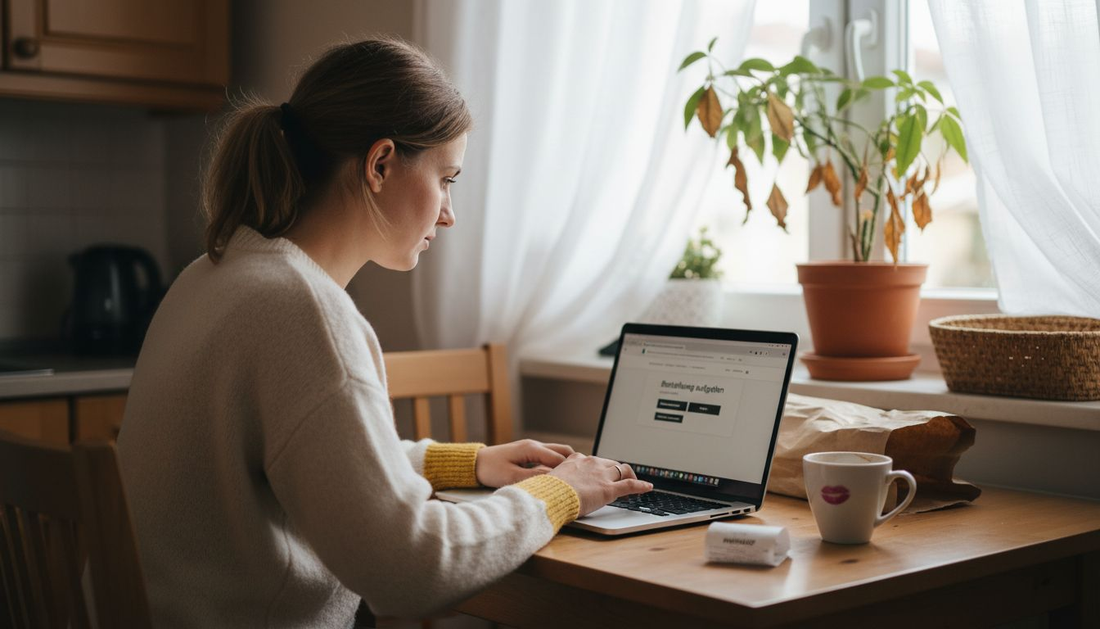 Eine Frau bestellt sicher und bequem Mode in einem Online-Shop.