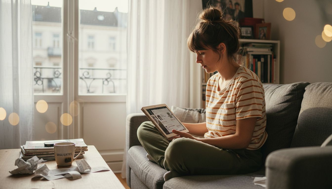 Eine Frau stöbert gemütlich von zu Hause aus durch die neuesten Modetrends im Onlineshop.