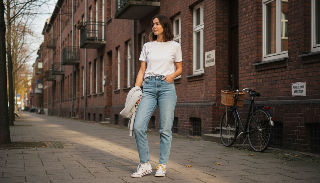 Eine Frau im lässigen Streetstyle: Jeans kombiniert mit T-Shirt – entspannt und alltagstauglich.
