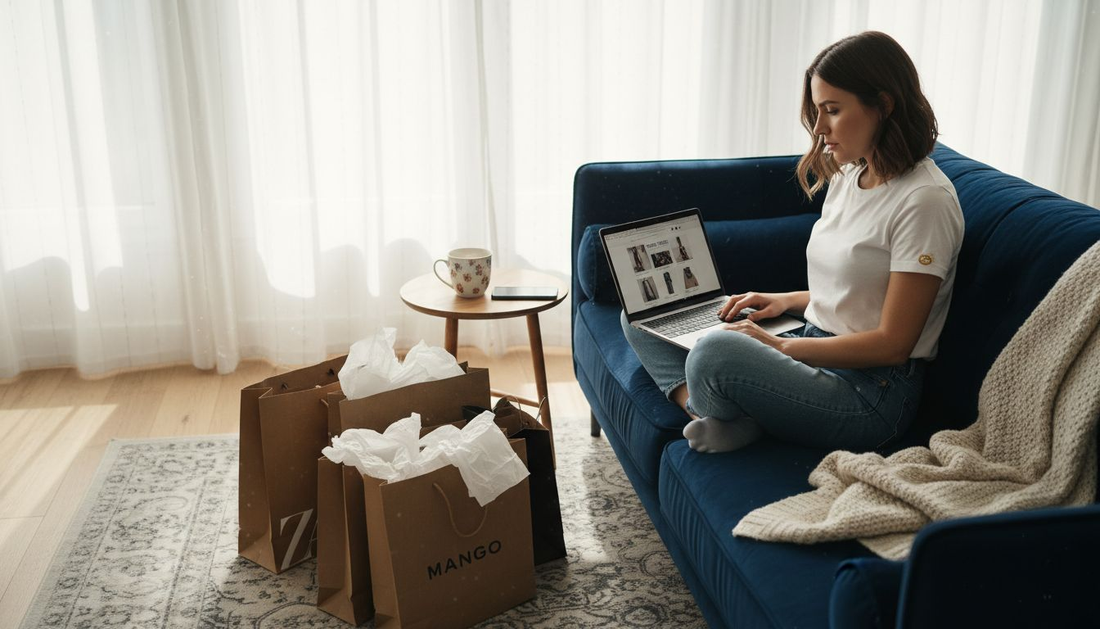 Eine Frau stöbert gemütlich von zu Hause aus im Wohnzimmer durch aktuelle Modetrends und bestellt online ihre Lieblingsstücke.