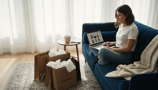 Eine Frau stöbert gemütlich von zu Hause aus im Wohnzimmer durch aktuelle Modetrends und bestellt online ihre Lieblingsstücke.