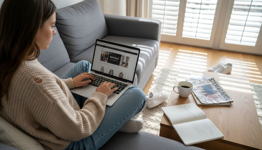 Gemütlich auf dem Sofa stöbert sie online nach neuen Outfits.