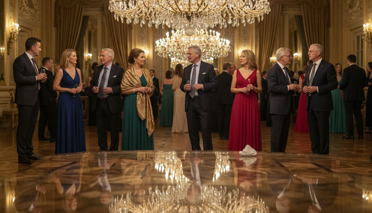 Festlich gekleidete Gäste treffen elegant zum Empfang ein.