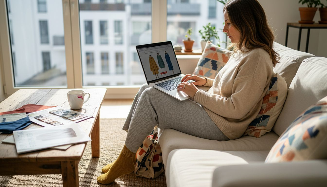 Eine Frau stöbert gemütlich von zu Hause aus im Internet nach aktuellen Modetrends und lässt sich online inspirieren.