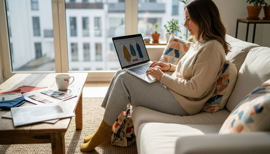 Eine Frau stöbert gemütlich von zu Hause aus im Internet nach aktuellen Modetrends und lässt sich online inspirieren.