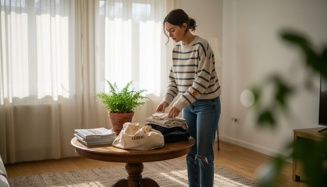 Eine Frau sortiert Wäsche im Wohnzimmer.