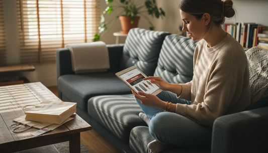 Eine Frau stöbert gemütlich auf ihrem Tablet nach neuer Mode.