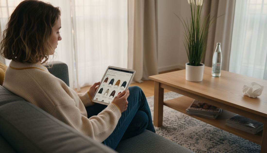 Eine Frau sitzt gemütlich auf dem Sofa und stöbert online nach einer neuen Jacke.