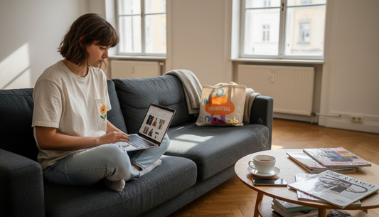 Eine Frau stöbert gemütlich auf ihrem Laptop nach aktueller Mode und bestellt online ihre Lieblingsstücke.