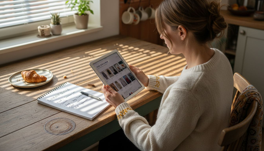 Eine Frau sitzt in ihrer Küche und erledigt bequem ihre Online-Einkäufe.