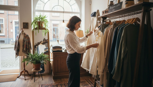 Eine Frau schaut sich im Secondhand-Shop nach nachhaltiger Mode um.