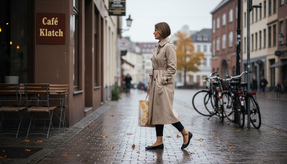 Elegante Frau im klassischen Trenchcoat flaniert durch die Stadt