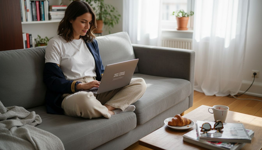 Eine Frau stöbert gemütlich von zu Hause aus durch internationale Modetrends im Internet.