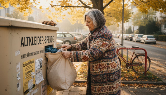 Eine Frau bringt aussortierte Kleidung zum Altkleidercontainer und legt sie dort ab.