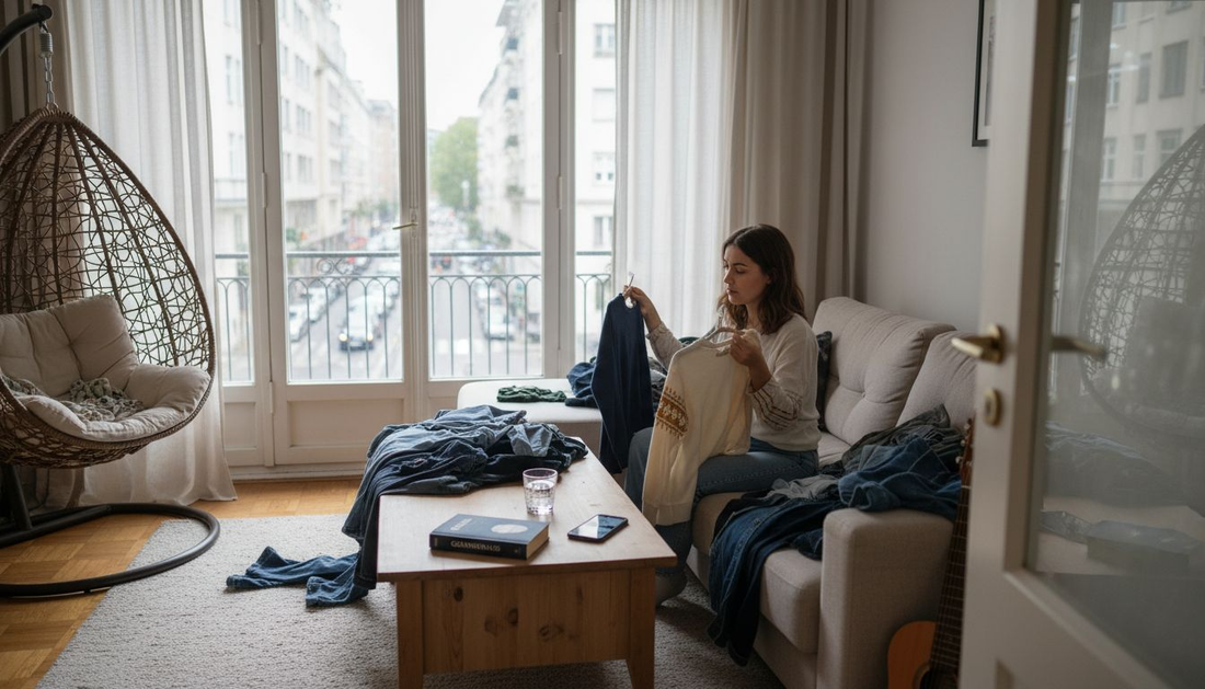 Im Wohnzimmer trifft eine Frau ihre Kleiderwahl.