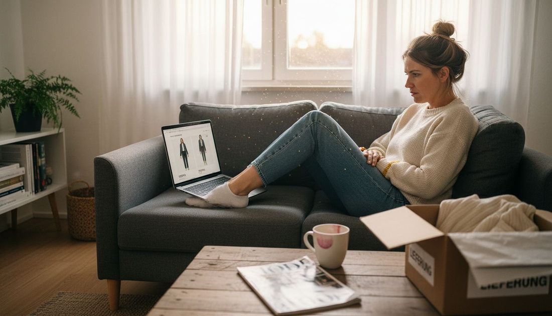 Eine Frau stöbert gemütlich von zuhause aus online nach aktueller Mode.