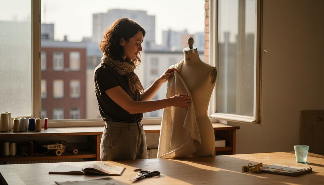 Eine Designerin legt Leinenstoff kunstvoll auf eine Schneiderbüste, um neue Entwürfe zu entwickeln.
