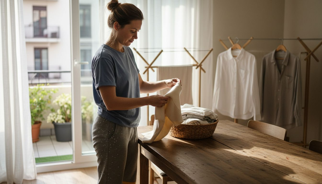 Eine Frau legt ihren Wollpullover sorgfältig zusammen, um ihn optimal zu pflegen.